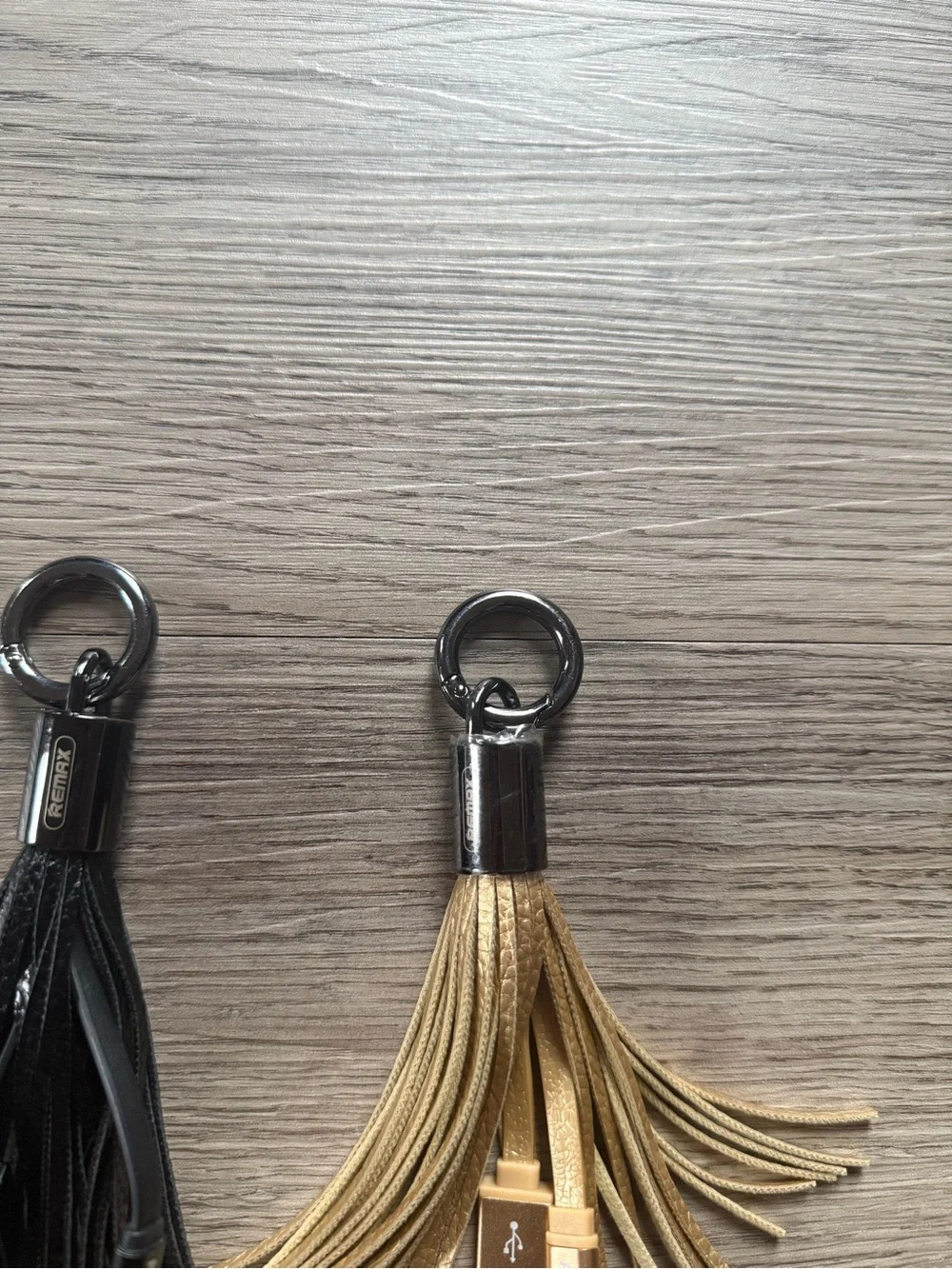 Set of 2 iPhone Charger Tassel Keychains gold/black leather USB to Lightning